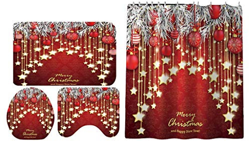 Weihnachts-Badezimmer-Zubehör-Set, Duschvorhang, Badematte, WC-Deckelbezug, WC-Vorleger, festliche Feiertagsdekoration für Ihr Badezimmer