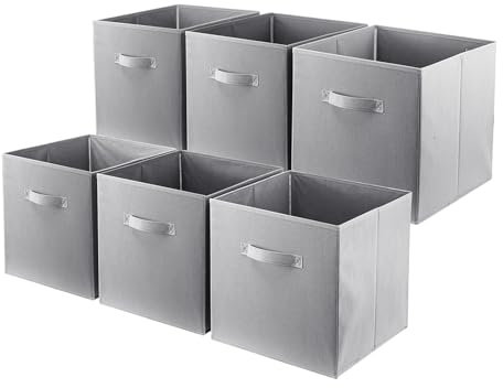 LN COZY CORNER Set of 6 Foldable Cube Storage Boxes Fabric Organizer Bins with Handles for Home Office Kids Room Closet and Shelves (Grey, 27x27x28cm)