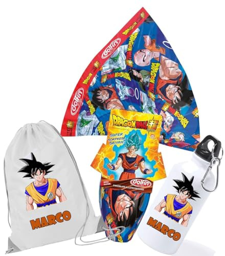 Uovo di Pasqua Dragonball 220 g finissimo cioccolato al latte + borraccia in alluminio 400 ml con moschettone e sacca nylon idea regalo Pasqua 2025 goku vegeta manga sette sfere del drago