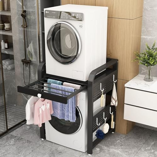 Meuble Machine à Laver et Seche Linge Étagère de Rangement Superposée pour Lave-linge et Sèche-linge avec Grilles de Séchage Dissimulées, Étagère pour Lave-linge pour Petit Appartement/ Buanderie, con