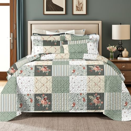 Bettwäsche-Set mit grünem Patchwork-Muster, Mikrofaser, 3-teilig, Queen-Size-Größe, Bauernhaus-Sommer-Bettbezug, wendbar, leicht, Tagesdecken-Set mit 2 Kissenbezügen, für alle Jahreszeiten (grüne