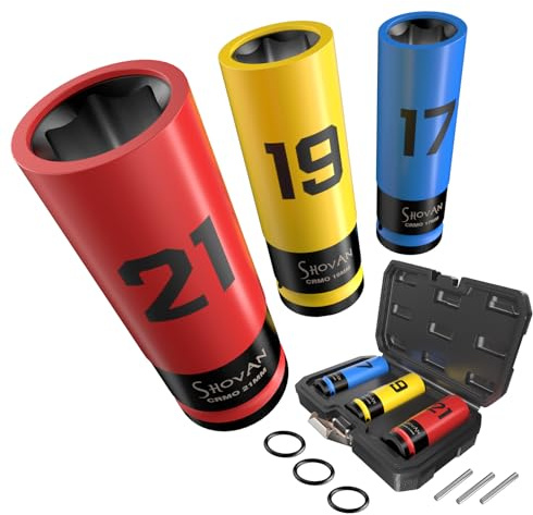 3TLG Schlagschrauber Nüsse 1/2 Zoll, 17-19-21mm Cr-Mo Stahl Schlagnuss Set Stecknuss Schlagnüsse mit Felgenschutz für Reifen Wechseln, Radwechsel
