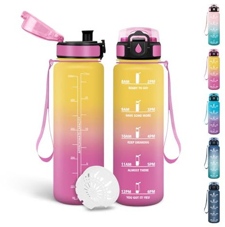 Motswedi Gourde Enfant, 500 ml Sans BPA, Gourde Anti Fuite, avec Marqueur de Temps, Bouteille d'eau, Anti-Fuite, Bouteille pour École, Fitness, Sport, Yoga, Randonnée - Jaune&rose