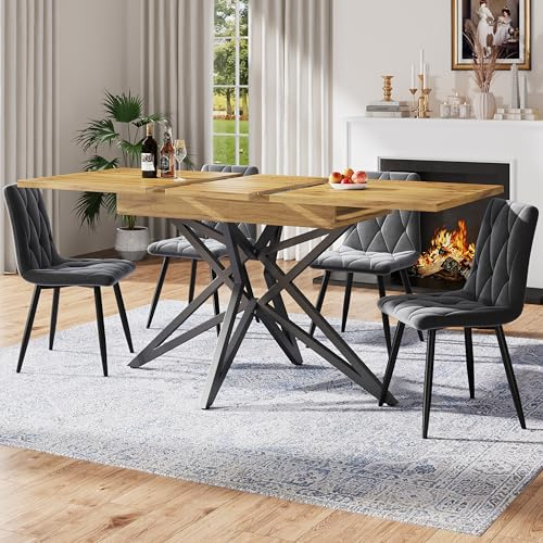 Gxffipw Esstisch Ausziehbar mit Sternförmige Tischbeine für 4-6 Personen, Esszimmertische mit Schwarze Eisenbeine und Walnussfarbener Tischplatte, Esszimmertisch Ausziehbar, 120-160x80x66.1 cm