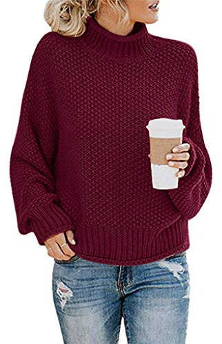Generisch Strickpullover Damen, Strickpullover Damen Pullover elegant Winterpullover Casual Strickpulli Herbst Winter Grobstrickpullover Sweatshirt Pulli Damenpullover Rollkragenpullover, Rot