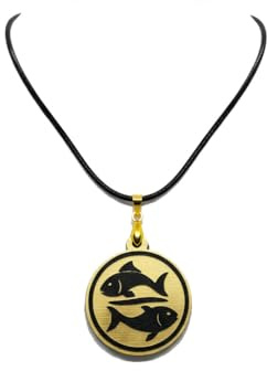 AurCa Pendentif artisanal – Signe astrologique des Poissons – Acrylique doré/noir & dos en bois de noyer – Gravure laser – Bijou zodiacal mixte – Fabrication française – Cordon offert – Ø30 mm