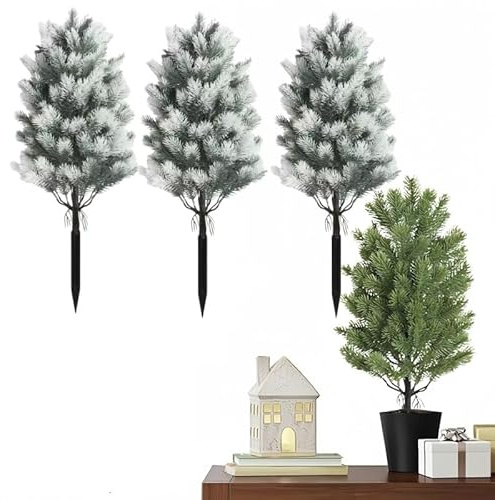 50 cm Künstliche Zypresse mit Erdspieß, UV-beständige Kunstpflanze für Outdoor & Indoor | Ideal als Weihnachts-Deko für Garten, Terrasse & Veranda (Weiße Dreizack-Kiefer,3PCS)
