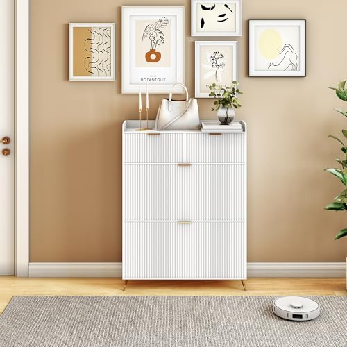 AZJSAHAH Schuhschrank mit 2 Klappen,Schuhkipper Schmal Schuhschrank mit 2 Schublade Schuhregal Schuhkommode Shoe Cabinet mit Trennwand Verstellbar,Für Eingangsbereich, Flur (Weiß, 80x24x110cm)