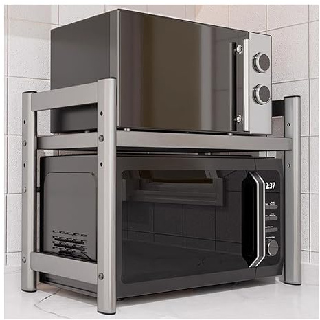 LISHEUK 2 Tier Microwave Oven Rack Shelf Unit with 6 Hooks, Heavy Duty Stand Adjustable Thickened Stainless Steel Microwave Stand Shelf, for Kitchen Supplies Tableware Storage