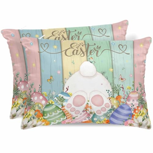 Easter Satin Pillowcase for Hair and Skin with Zipper, Soft Breathable Cooling Silk Pillow Cases, Spring Rabbit Ears Foot Eggs Floral Wooden Grain Throw Pillow Covers King Size 20x36 Set of 2