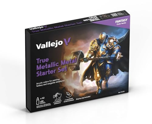 Vallejo True Metallic Metal Starter Set - Set de Iniciación Pintura Metalizada para Miniaturas - 12 Colores de 18ml + Pincel + Miniatura Exclusiva