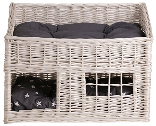 e-wicker24 Rechteckige Katzenhütte in Naturfarbe, Katzenkorb aus Weide, Korb für die Katze mit Zwei Etagen, Katzenlager mit Kissen und Fenster (Creme, Grau)