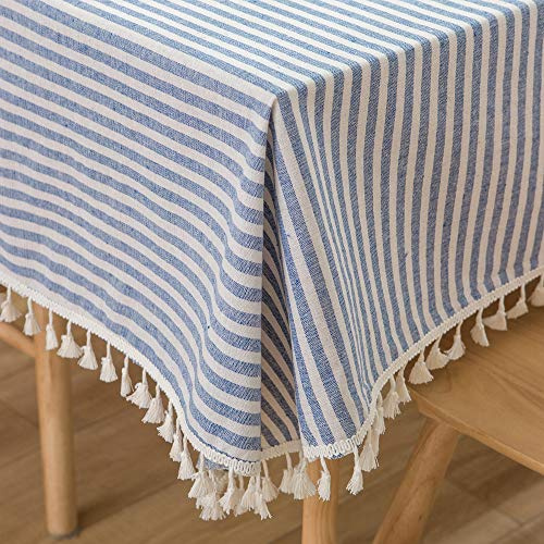 Plenmor Table Cloth Square Stripe Tassels Tablecloth Dust-Proof Cotton Table Cover for Kitchen Dinning Tabletop Decoration (140cm x 140cm, Blue)