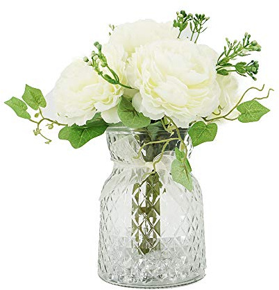 AngraveHome White Carnation Artificial Flower Arrangement In Glass Vase (22cm) Home Decoration