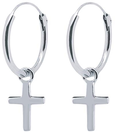 ENTREPLATA Pendientes de Plata 925 Unisex – Joyas Modernas para Hombre y Mujer – Par de Aros 2 Criollas con Charm Colgantes Cruz Mini