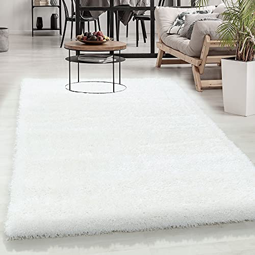Carpetsale24 Teppich Wohnzimmer Shaggy Einfarbig 140 x 200 cm Weiß - Hochflor Schlafzimmer Luxuriös Kuschelig Super Weich Flauschig Langflor 50 mm Florhöhe Rechteckig