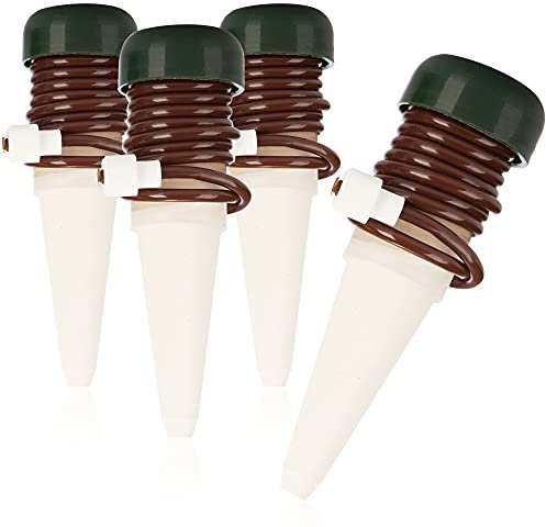 com-four® 4x Bewässerungskegel, Tonkegel mit Schlauch als Tropfsystem-Wasserspender im Urlaub, automatisches Bewässerungssystem für Zimmerpflanzen und Blumen (4 Stück - braun)
