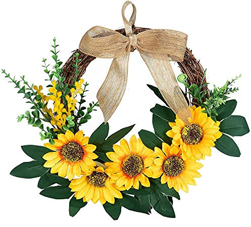 Girasole Finto Ghirlanda Porta, 30cm Ghirlanda Di Girasoli Artificiali, Per Porta d'Ingresso, Recinzione, Finestra, Matrimonio, Tavola e Decorazione Della Casa Home