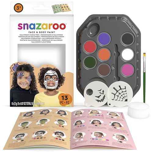 Snazaroo 1172183 Schminkset  Halloween , hautfreundliche Gesichtsschminke auf Wasserbasis - 7 Schminkfarben, 1 Schminkpinsel, 1 Schwamm, 2 Vorlagen und Schritt-für-Schritt-Anleitung