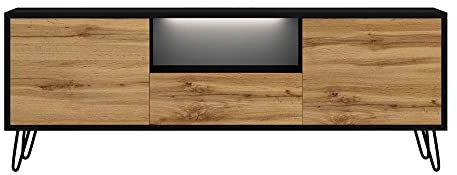 Selsey Ploystea - TV-Schrank mit offenem Fach und 3 geschlossenen Fächern, modern, 137 cm breit (Schwarz/Wotan Eiche, mit LED)