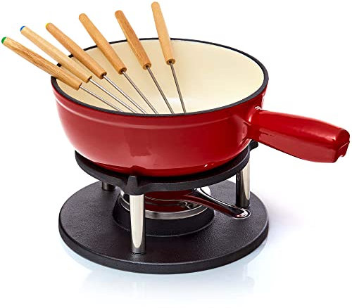 Bonvivre© Juego de Fondue de Hierro Fundido para 6 Personas | 2 litro | Juego de Fondue de 9 Piezas | esmaltado Adecuado para Fondue de Queso Fondue de Chocolate para Fondue de Carne