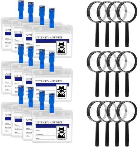 Detektive Lupe Set for Kinder 12 pcs Detective Lupen Spielzeug und 12 pcs Detektivausweis Ausweise mit Clip Lupen und DetektivAbzeichen für Outdoor Forscher Detektiv Rollenspiel Kindergeburtstag