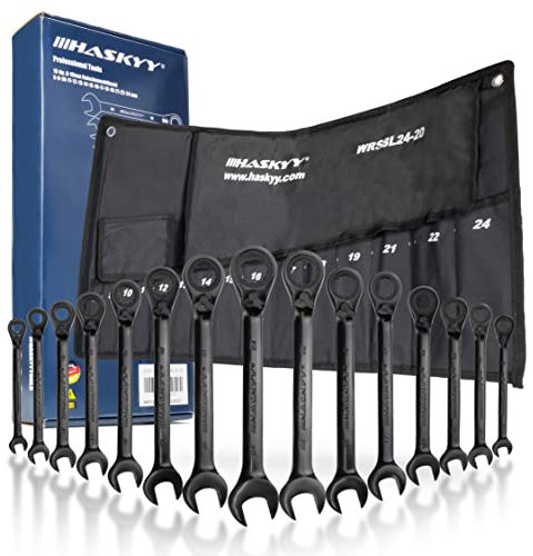 HASKYY 15-tlg Ring-Ratschenschlüssel Satz I Set 8-24 mm I SCHWARZ I Ring-Maulschlüssel mit Ratsche Set