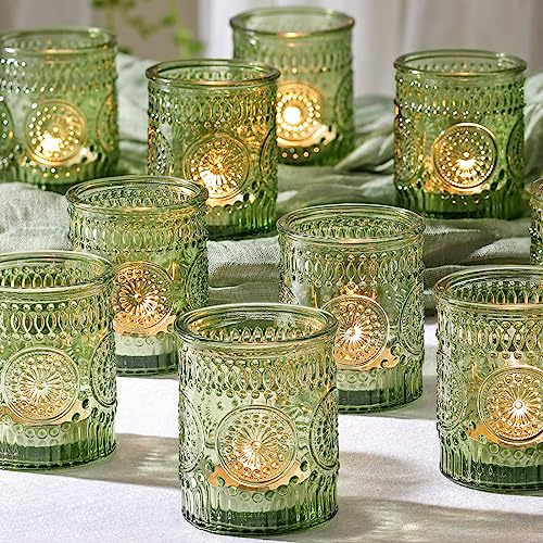 DEVI 24pcs Green Votive Candle Holders for Wedding, Glass Tea Lights Candle Holder, Green Baby Shower St. Patrick's Day Table Decor, Vintage Depression Glass Candle Holders for Table Centerpiece