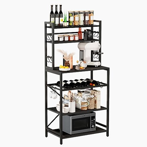 YMYNY Köksbagarställ, mikrovågsstativ med förvaringshyllor, industriell kaffebarstation, med justerbara vinhållare och 12 S-krokar, metallram, svart, 58 × 39 × 144 cm HBR003B