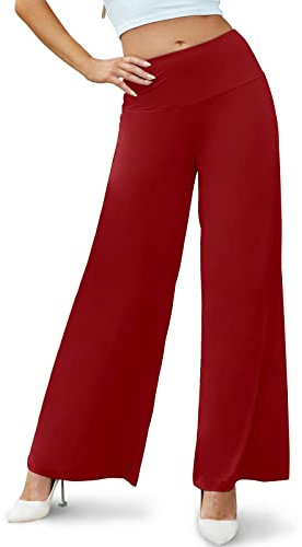 Cegerne Femmes Solide Ample Jambe Droite Palazzo Pantalon Taille Haute Extensible Décontractés Pantalon Chic et Elegant, Vin Rouge, L