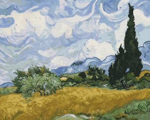 Artnapi Malen nach Zahlen Erwachsene mit Rahmen | DIY Handgemalt | Weizenfeld mit Zypressen Van Gogh | Kit für Anfänger und Erwachsene | Set inklusive Acrylfarben & Pinsel | 40x50cm Leinwand