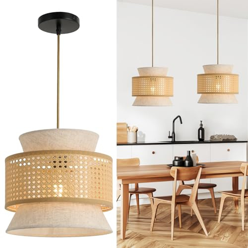 FORCOSO Pendant Light Rattan+Fabric, Vintage Pendant Light, Boho Rattan | 29 cm, Hanging Lamp E27 max.60W for Dining Room Living Room Bedroom Hallway Kitchen Island - Brown/White