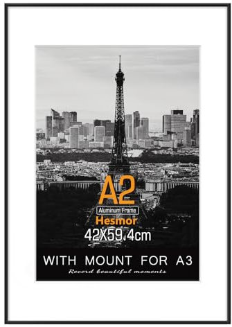 Hesmor A2 Aluminum Acrylic Picture Frame in Black - A2 Photo Frames 16.5 x 23 inch Size Black Pictures Frames with Clear Plexiglass for Wall Mounting, Single Poster Frames with Mat for A3