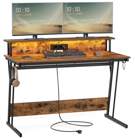 VASAGLE Gamingbord, med Eluttag och LED-belysning, 60 x 120 x 76 cm | Datorbord med Bildskärmsställ, för Hemmakontor, Rustik brun och Matt Svart, BLOSS Kollektion LWD192K01