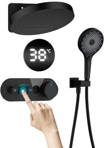 Unterputz Duschsystem mit Thermostat Duscharmatur, Regendusche Duschset Set LED Digitalanzeige Wandmontiert Duschamaturenset inkl. 32CM Kopfbrause, 3 Modi Handbrause, Messingkörper, Schwarz