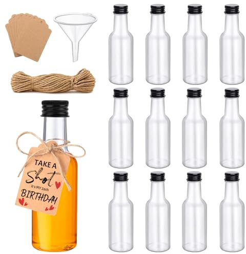 HIMOMO Kleine Flaschen zum Befüllen, 12 Stück 250ml Mini Shot Flaschen mit Deckel, Kunststoff Likörflaschen, kleine Schnapsflaschen, inklusive 15m Juteschnur, 40 Anhängern und Trichter Small Bottles