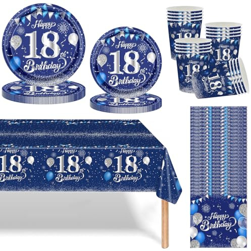 Navy Blau Silber 18 Geburtstag Partygeschirr Set,69 Stück 18.Geburtstag Junge Mädchen Blau Silber Deko Pappteller Becher, Servietten und Tischdecke Set,Tischdeko für 18.Geburtstagsdeko Partys 16 Gäste