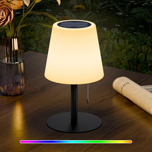 Postlucky Lampara de Mesa Solar Exterior Lámpara de mesa LED inalámbrica con Mando a Distancia Regulable 8 Colores y Blanco Cálido Lampara de Mesa Recargable IP44 Para Jardín Patio Balcón