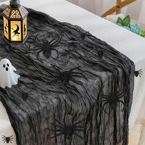Tischläufer Halloween, 90×400 cm Schwarz Deko Tisch, Halloween Tischdeko, Tischdekoration Stoff mit Spinnen, Tischband Spinnen Accessories für Halloween Party, Dekostoff