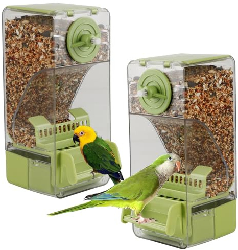 Bird Feeder No Mess 2PCS Automatic Clear Bird Seed Food Container Acrylic Parrot Feeder Dispenser Cage Accessories for Parakeet Budgies Cockatoo Canary Love Bird (Green)