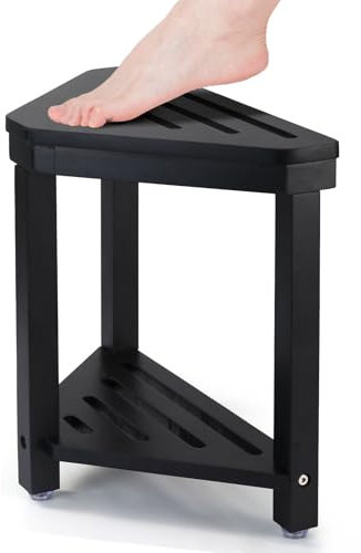 Boulphia Shower Foot Rest 14in, Acacia Wood Shower Stool for Shaving Legs (Black)