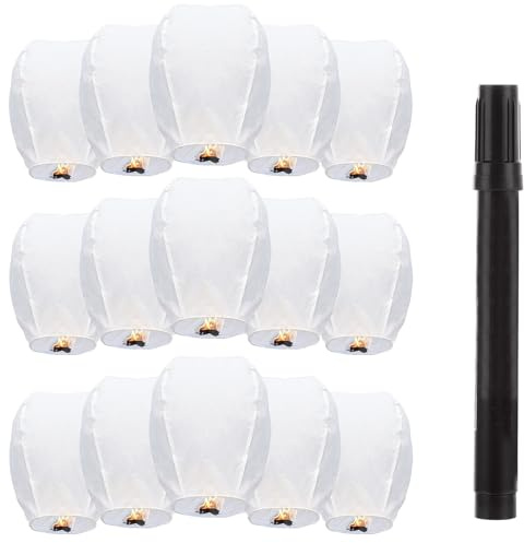 GBACHOOSE 15 Pack Chinese Sky Lanterns, White Eco Friendly 100% Biodegradable Chinese Lanterns, No Assembly Required Sky Lanterns for Weddings, Birthdays, Parties, Memorials, Chinese New Year