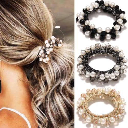 Reaky Lot de 3 élastiques à cheveux avec perles beiges pour queue de cheval – Accessoires de cheveux extensibles avec strass pour femme (noir + gris + champagne)