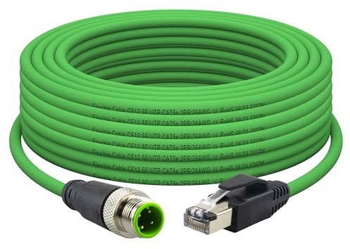 Lonlonty M12 - Cable de 4 pines (conector de código D a RJ45, 10 m), color verde | CAT5E 26AWG SFTP con doble blindaje, IP67 resistente al agua, alta flexibilidad. Cable de red para automatización industrial.