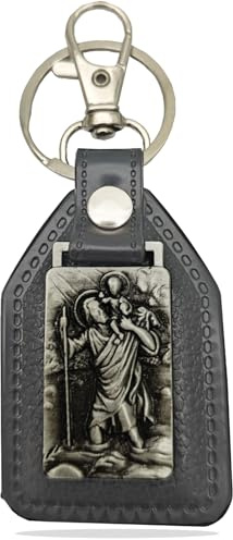 Porte-clés Christophe en bande de cuir, saint patron des conducteurs et des voyageurs - Plaque de saint Christophe comme talisman automobile