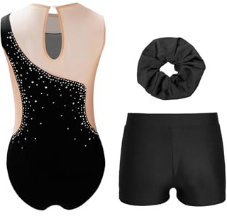 Miutii 3Pcs Mädchen Turnanzug Glitzer Gymnastikanzug Ärmellos Ballettanzug mit Shorts Haarband Ballett Trikot Leotard Wettbewerb Gymnastik Kleidung D Schwarz 122-128