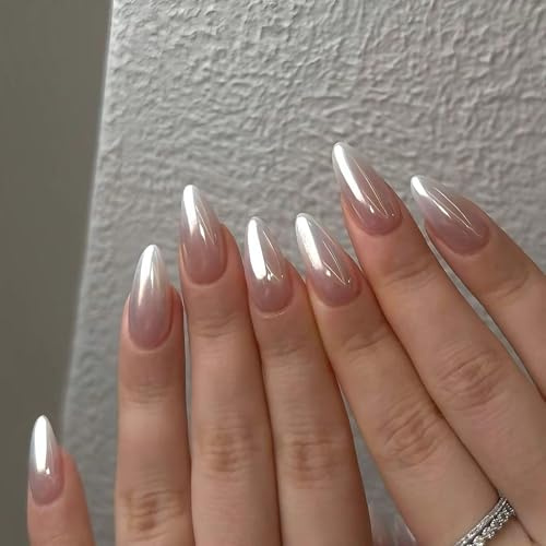KQueenest Chrome Press On Nails French - Glitzer Ombré Rosa Nägel zum Aufkleben Mandel, Sparkle Bling Fake Nails Künstliche Fingernägel zum aufkleben Mittel, Glasiert Acryl Nägel für Frauen, 24 Stück