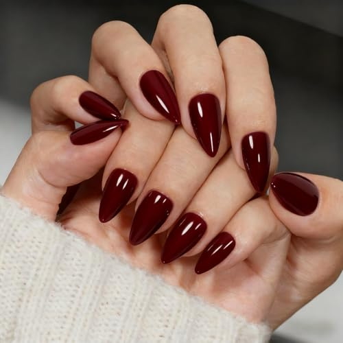KQueenest Soft Gel Press on Nails Almond – Sheer Burgunderrot Nägel zum Aufkleben Mandel Mittel, Einfarbig Weinrote Fake Nails, Glänzend Natürlich Künstliche Nägel Set für Frauen, 24 Stück