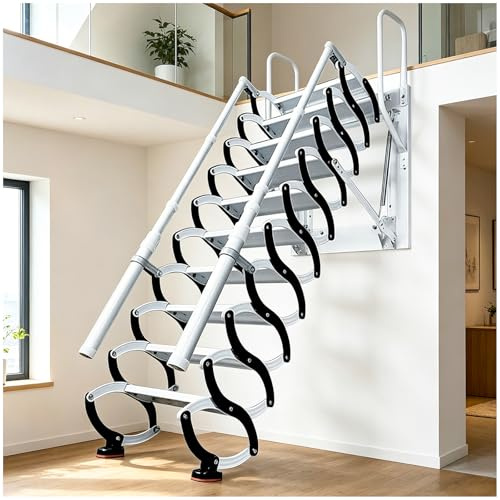3.25m Dachbodentreppe, Extra-Breite Einziehbare Dachboden Klappleiter, Stahl Wandmontierte Versenkbare Treppe mit 2 Handläufen, tragend für 350 kg Abstellräume, Keller und Garagen (13 Stufen)