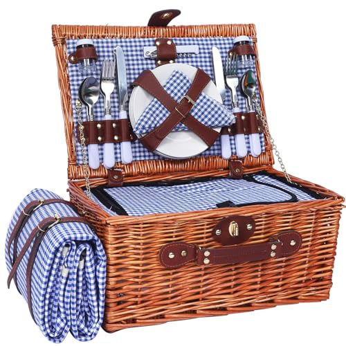 HYBDAMAI Picknickkorb-Set für 4 mit Kühlfach, Decke und Besteck